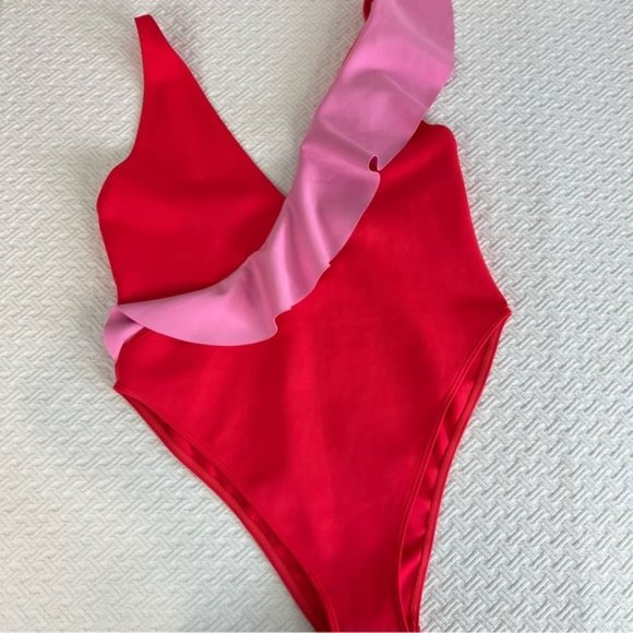 Asos river island frill assymetric swimsuit in neon barbie pink and coral - Picture 13 of 16